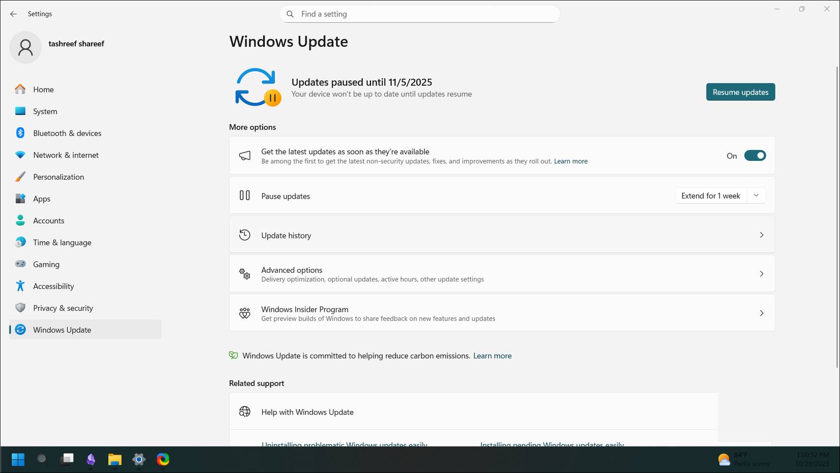 Tùy chọn Resume updates trong ứng dụng Windows 11 Settings