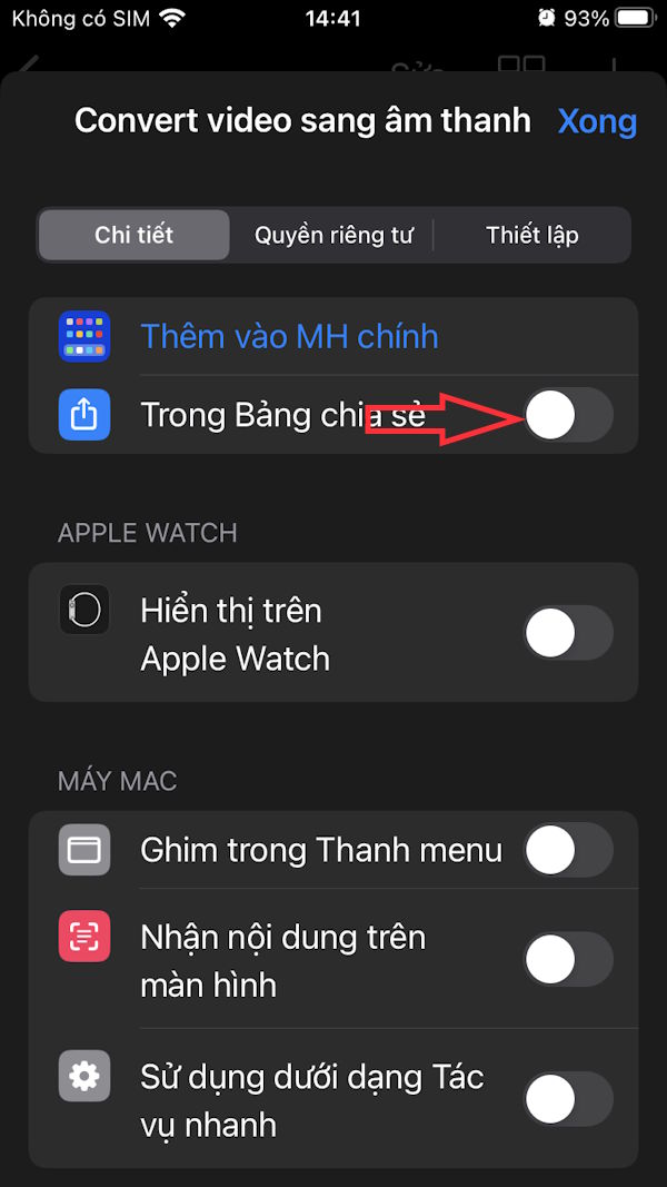 Hiện phím tắt trong chia sẻ