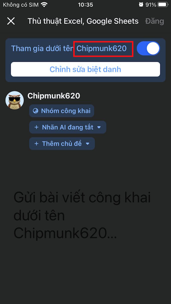Đăng bài nhóm Facebook bằng biệt danh