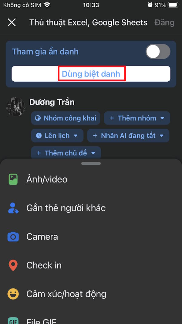 Dùng biệt danh trong nhóm Facebook