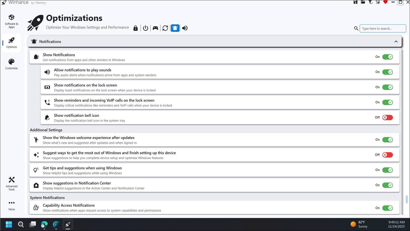 Tab thông báo Winhance mở trong Windows