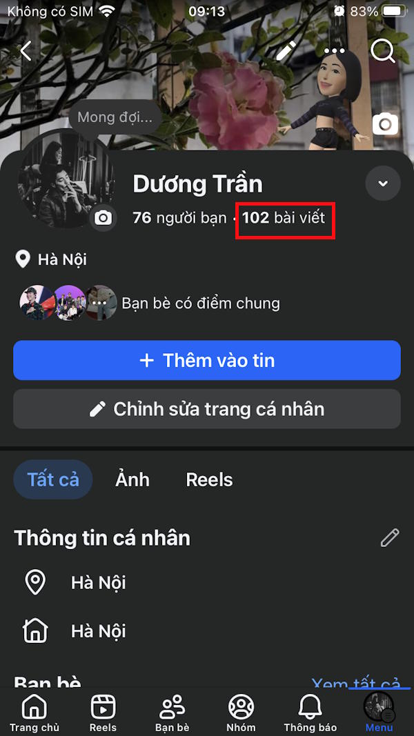 Hiện tổng số bài viết Facebook
