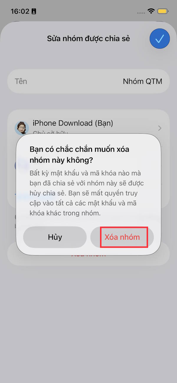 Xóa nhóm chia sẻ password iPhone