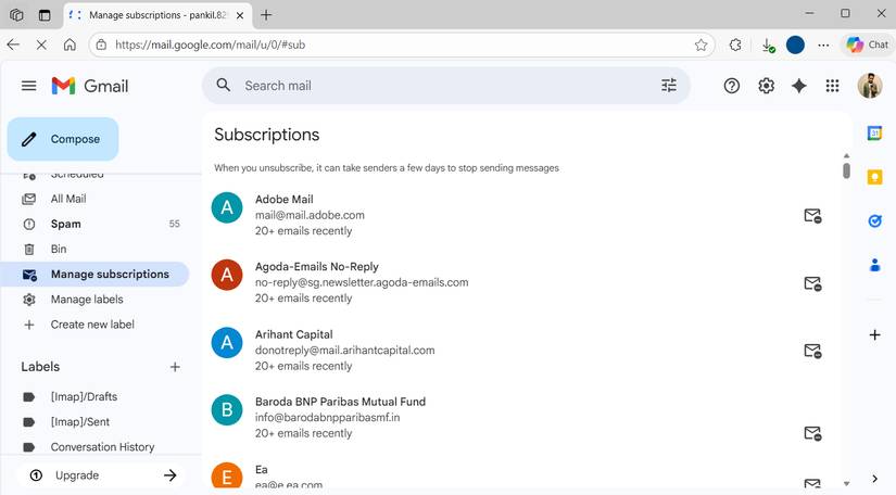 Tính năng Manage Subscriptions Gmail