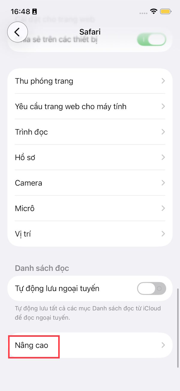 Nâng cao thiết lập Safari