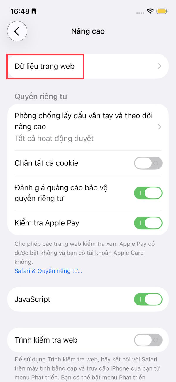 Dữ liệu trang web Safari