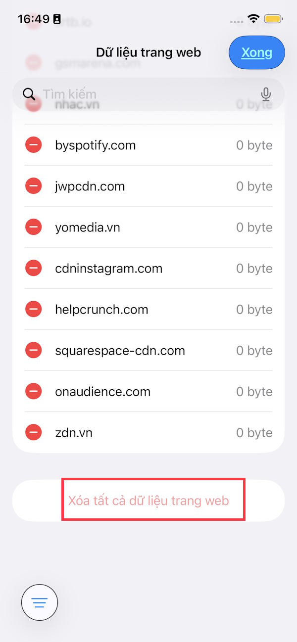 Xóa dữ liệu trang web Safari