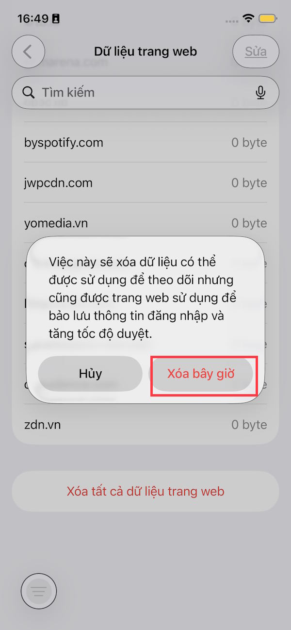 Xóa dữ liệu trang web Safari
