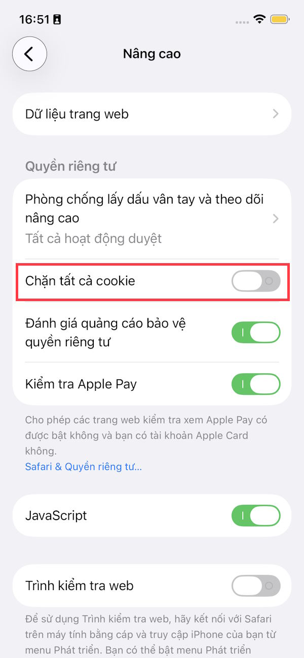 Chặn cookie trên Safari