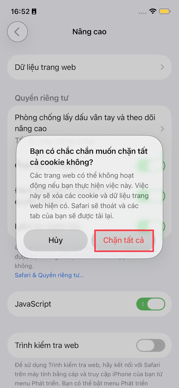 Tắt tất cả cookie trên Safari