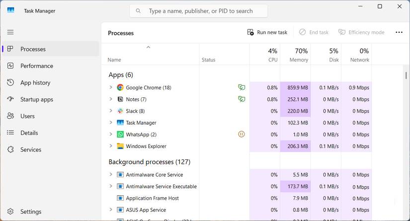 Chế độ xem các ứng dụng đang chạy và tải bộ nhớ trong Task Manager