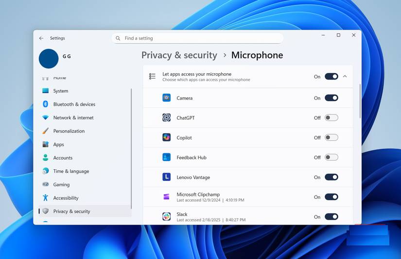 Menu quyền micro trong Windows 11