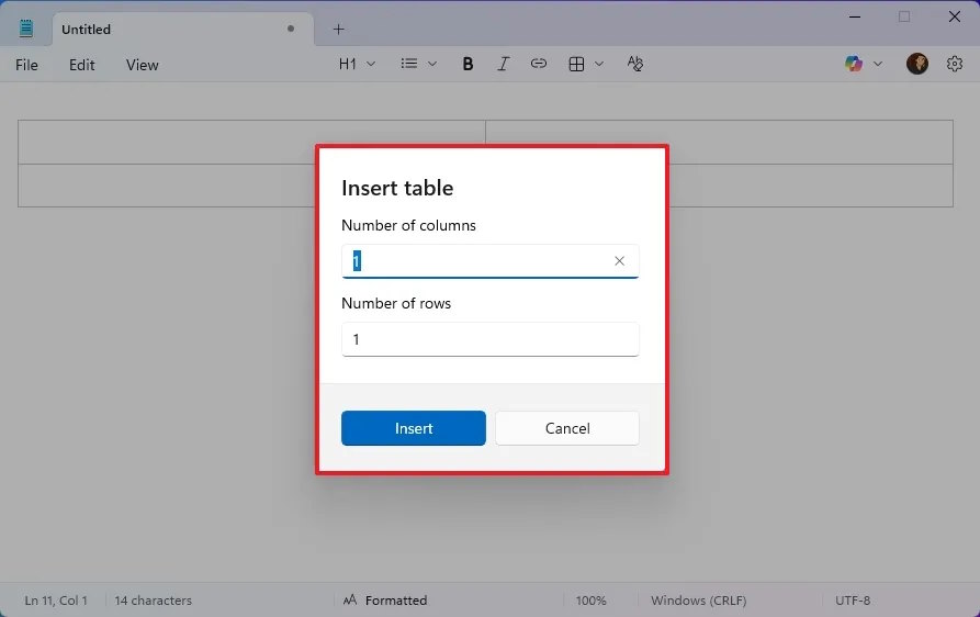 Nhập số cột và hàng tạo bảng trong Notepad