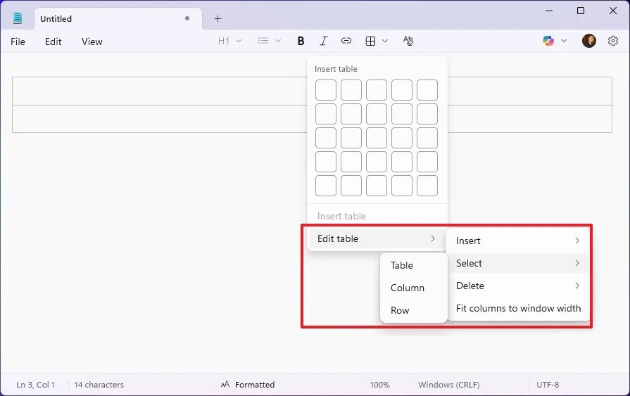 Chỉnh sửa bảng tạo trong Notepad
