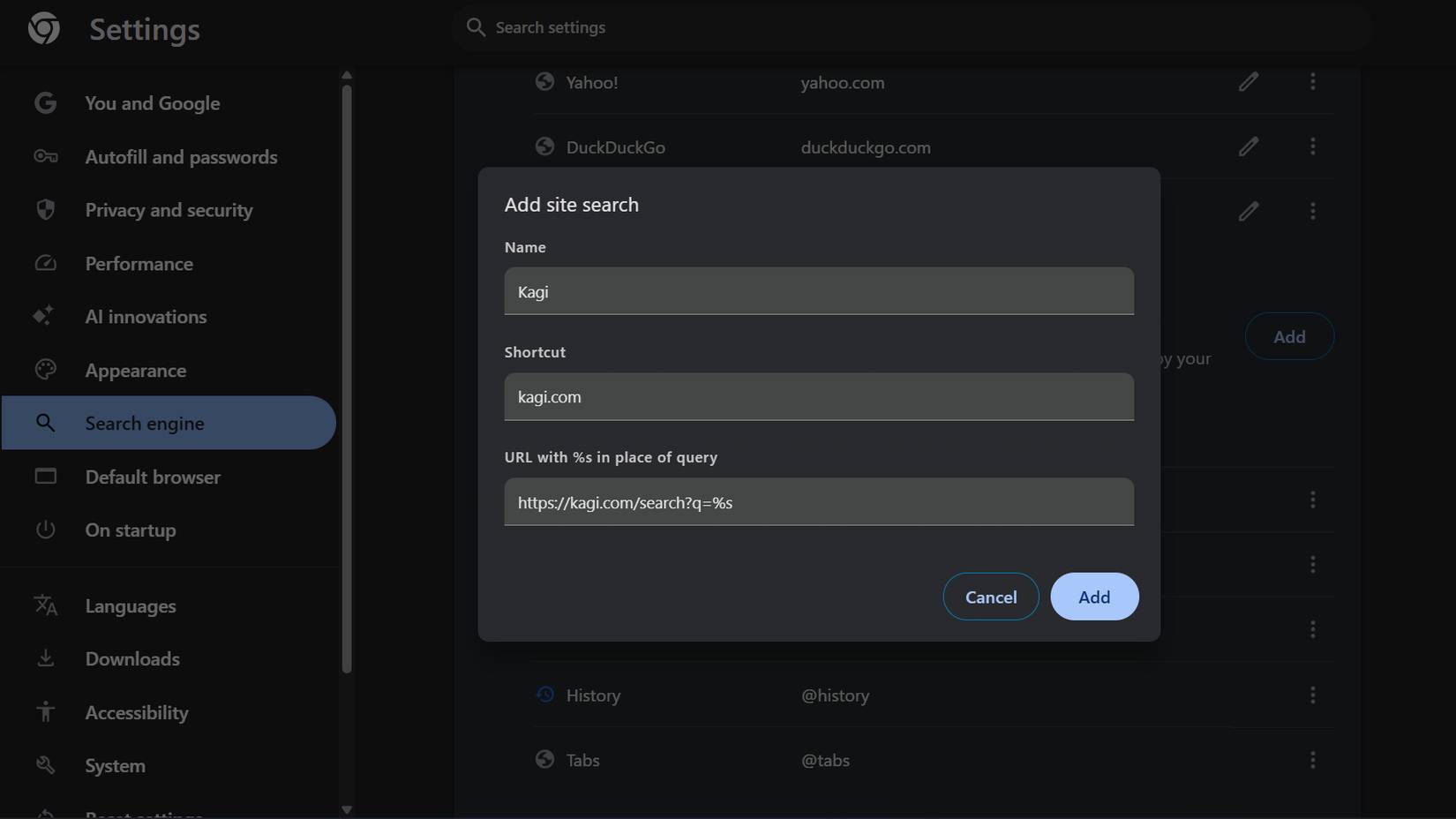 Hộp thoại tìm kiếm trang web trong cài đặt Google Chrome