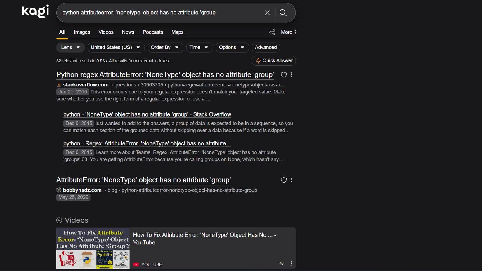 Tìm kiếm lỗi Python trên Kagi
