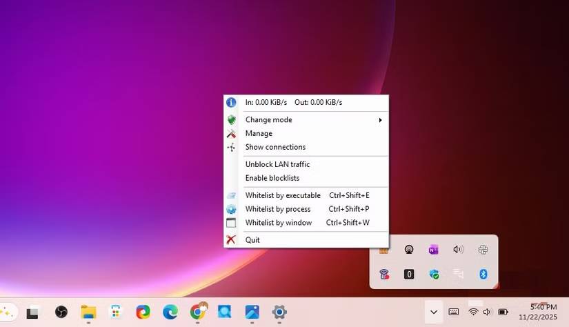 Tùy chọn tường lửa TinyWall từ menu Windows