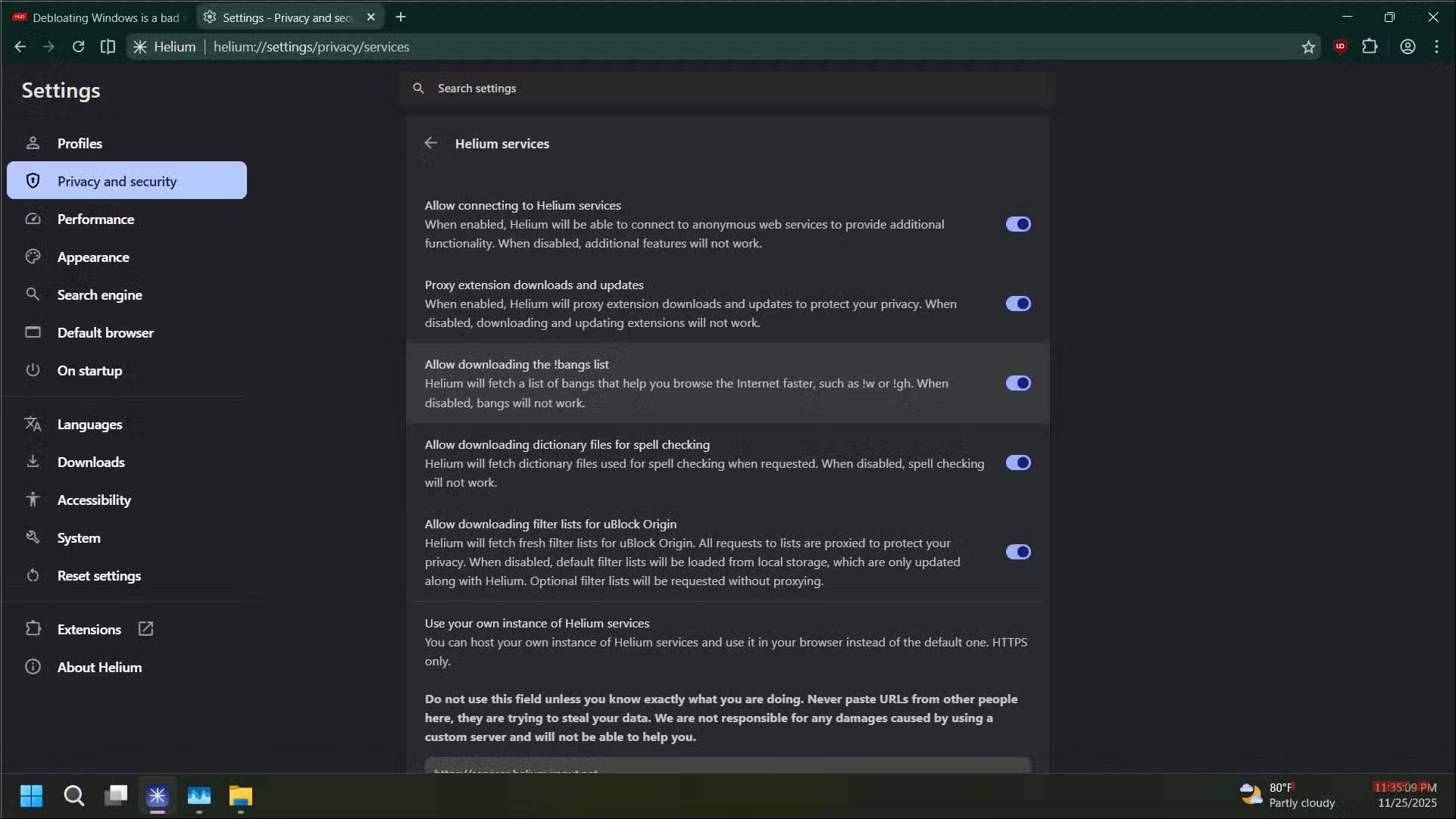 Tiện ích mở rộng uBlock Origin trên Helium Browser