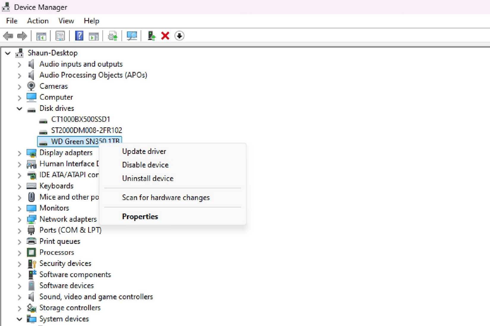 Nhấp chuột phải và chọn Properties trong Device Manager trên Windows 11