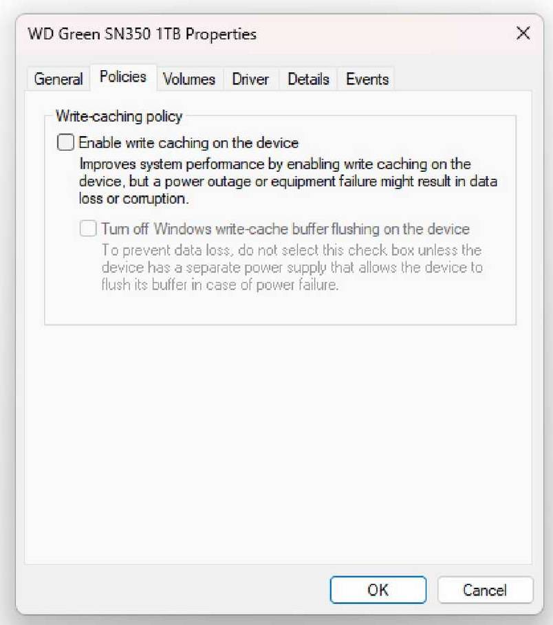 Trong menu Policies của Device Manager trên Windows 11, tìm tùy chọn bật hoặc tắt Write caching.