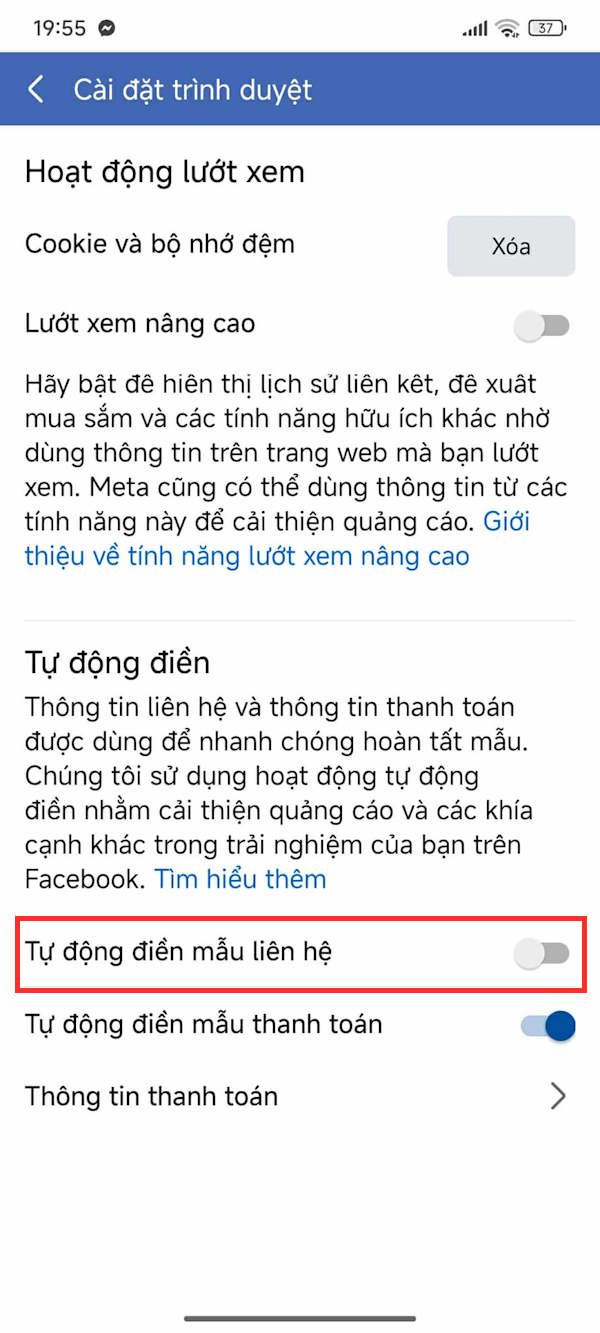 Tắt tự động điền mẫu liên hệ Facebook