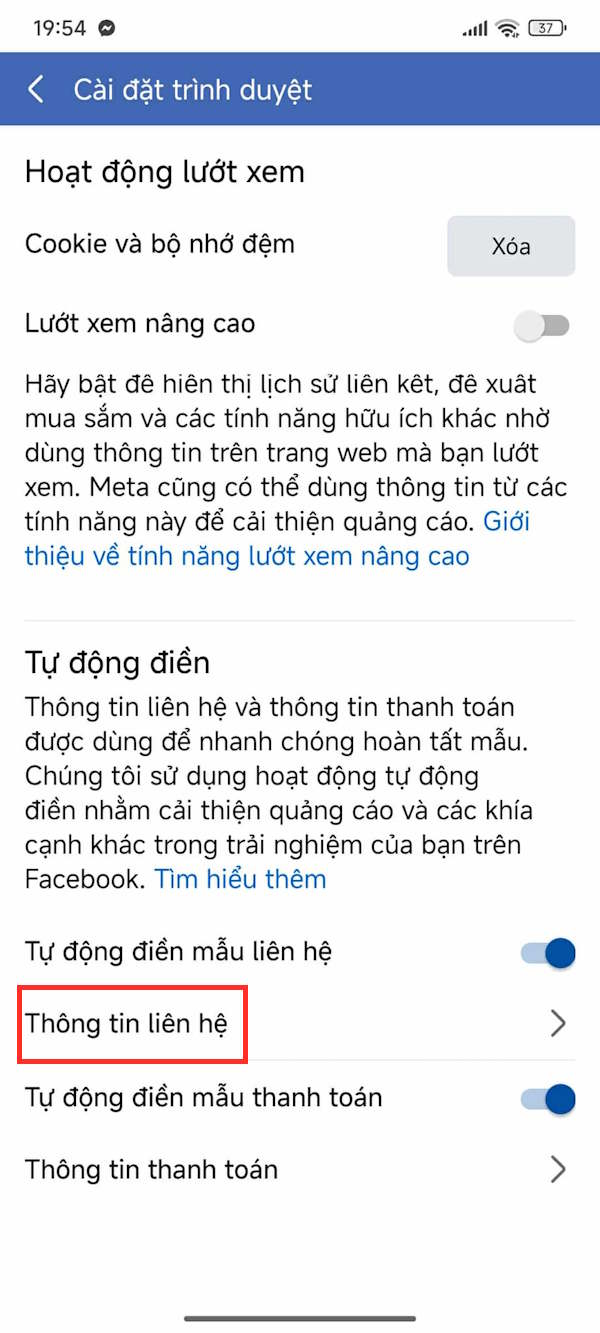 Thông tin liên hệ trên Facebook
