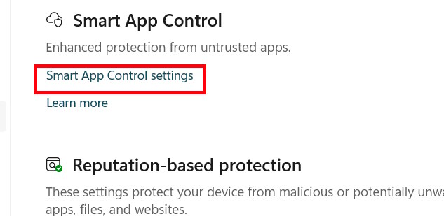Smart App Control settings
