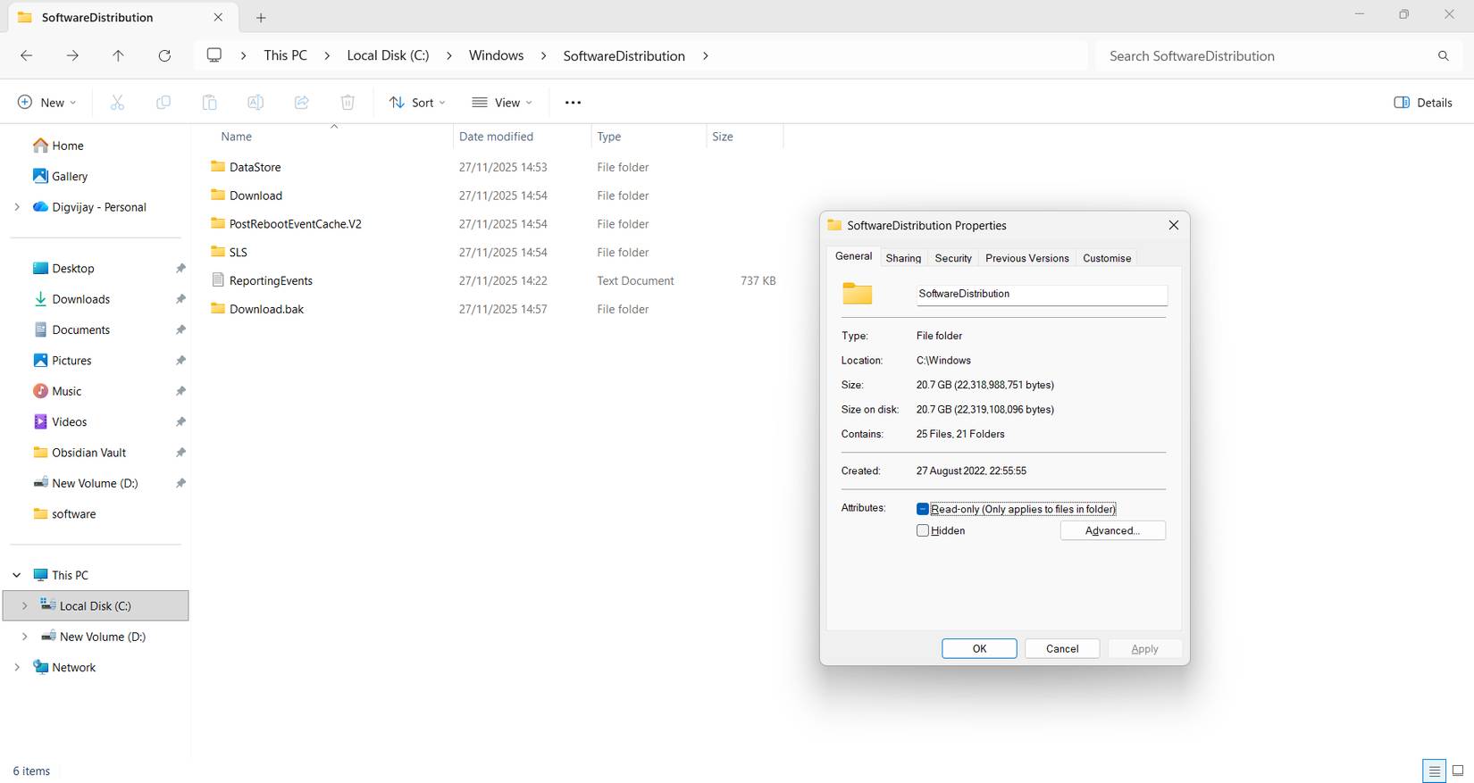 Cửa sổ thuộc tính SoftwareDistribution hiển thị kích thước thư mục
