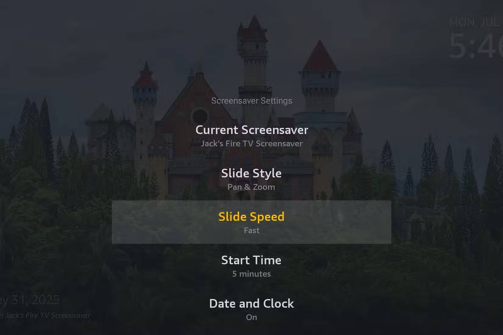 Màn hình cài đặt slide trên Amazon Fire TV