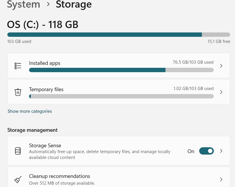 Storage sense Windows giải phóng dung lượng