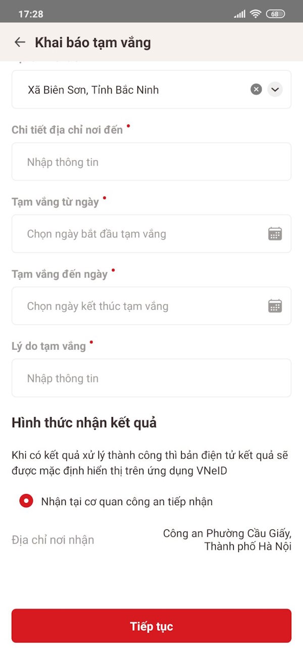 Gửi yêu cầu khai tạm vắng