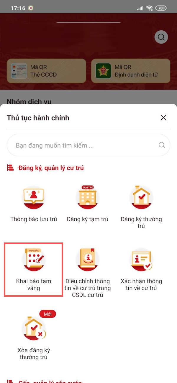 Thông báo tạm vắng VNeID