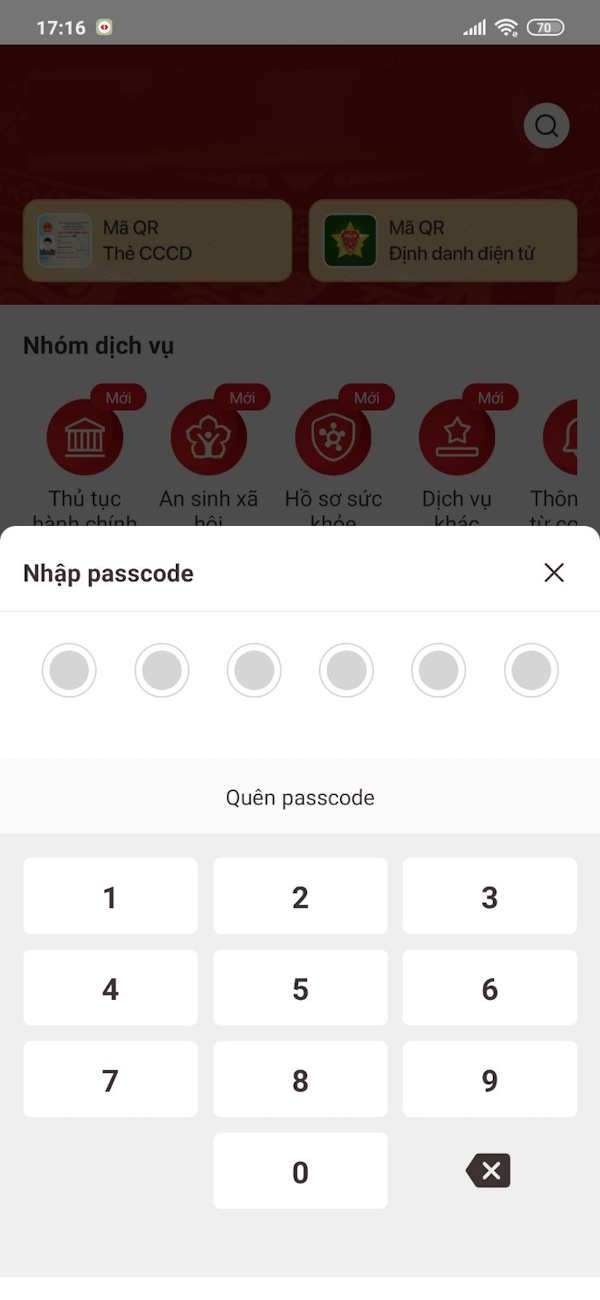 Nhập passcode VNeID