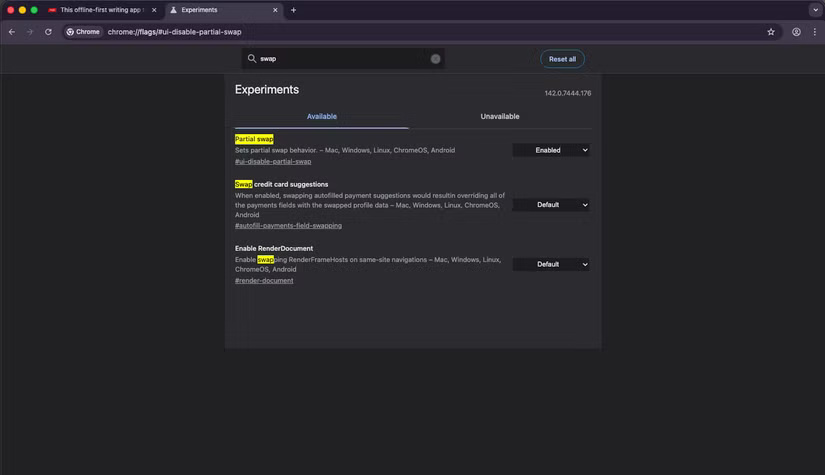 Flag Partial swap của Chrome
