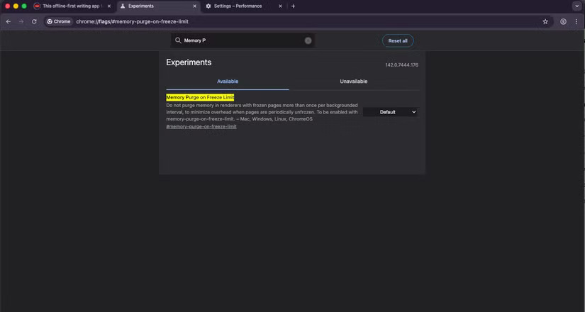 Flag Memory Purge on Freeze Limit trong Chrome