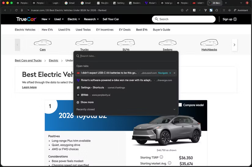 Tìm kiếm trong các tab đang mở trên Comet