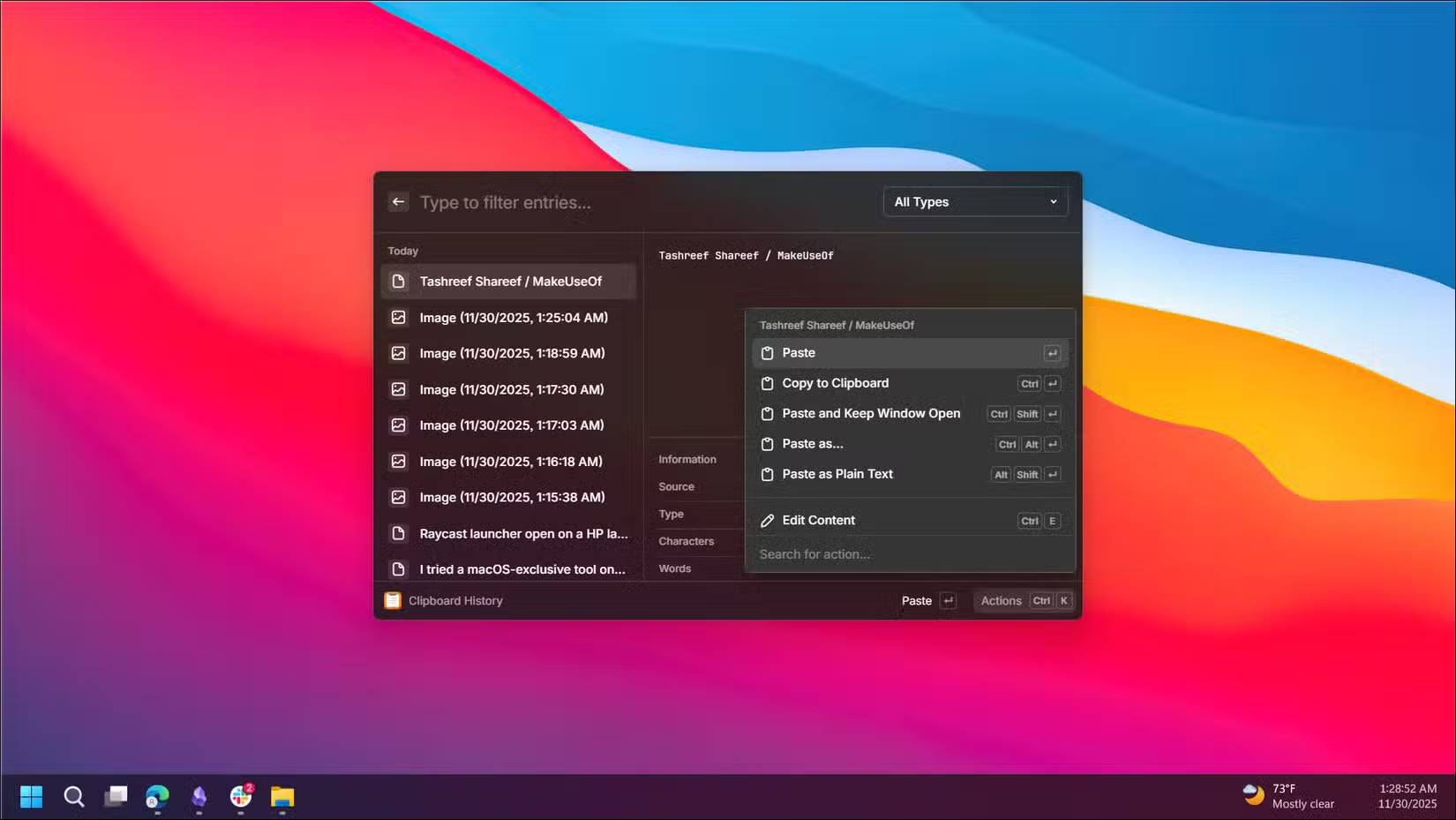 App launcher Raycast mở ra với menu hành động ngữ cảnh lịch sử clipboard trong kết quả tìm kiếm
