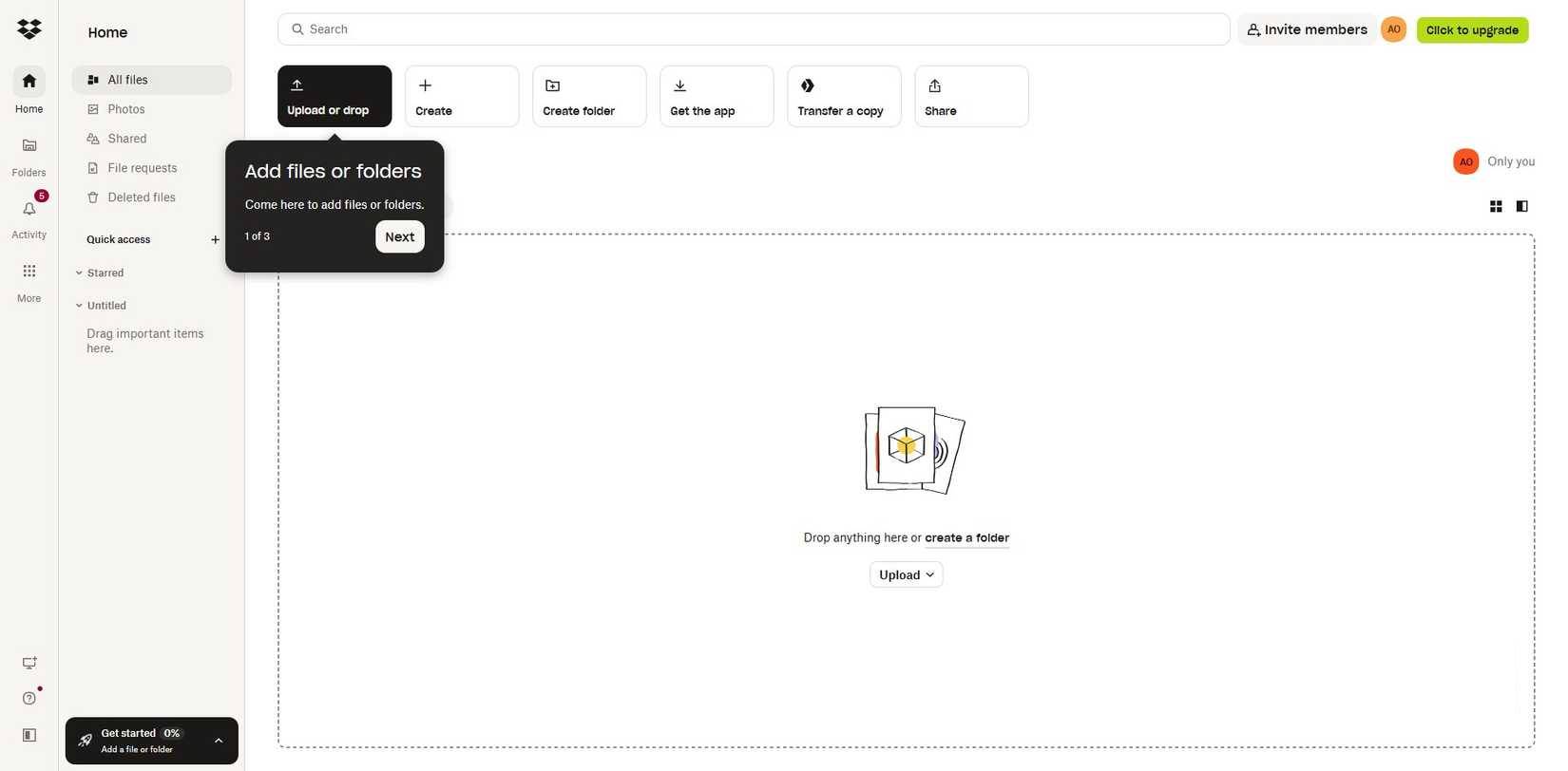 Giao diện dịch vụ Dropbox
