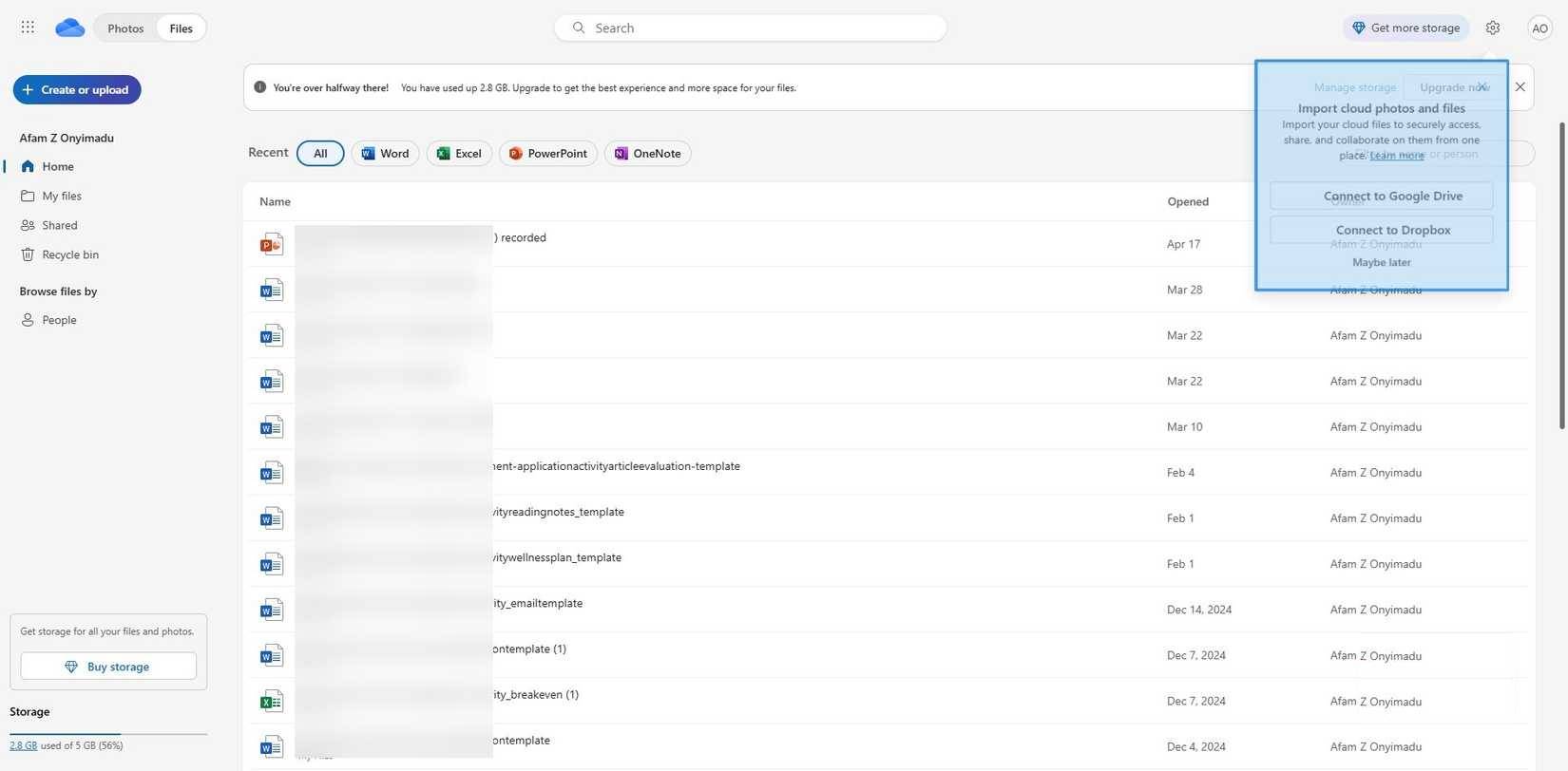 Giao diện lưu trữ đám mây OneDrive