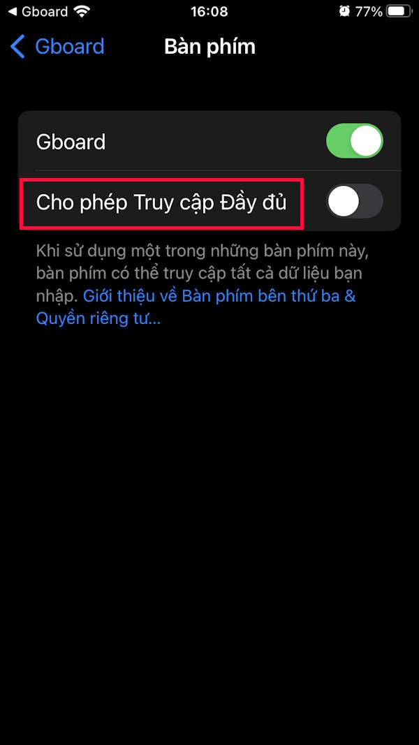 Bật cho phép truy cập đầy đủ