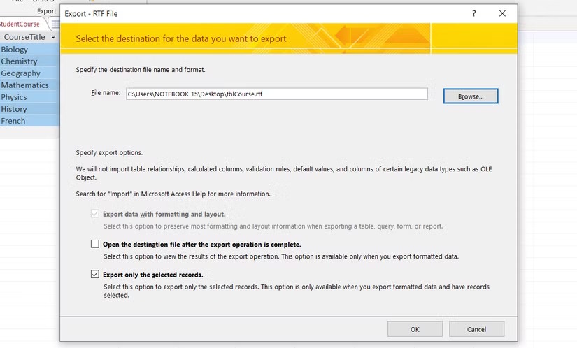 Chọn thư mục lưu dữ liệu từ Microsoft Access sang