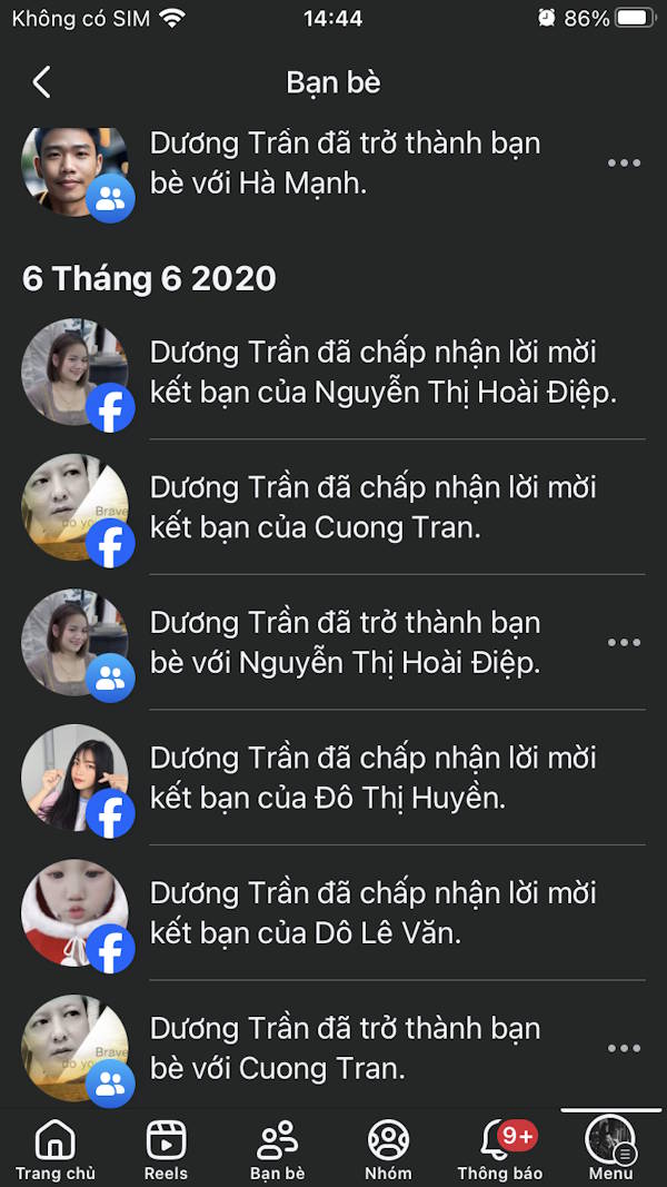 Danh sách thời gian kết bạn Facebook