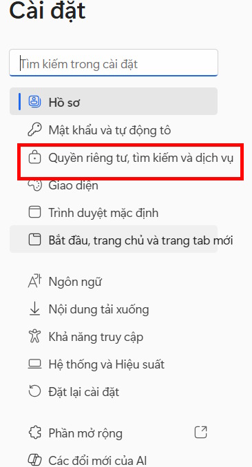 Quyền riêng tư, tìm kiếm và dịch vụ để tiến hành điều chỉnh trên Edge