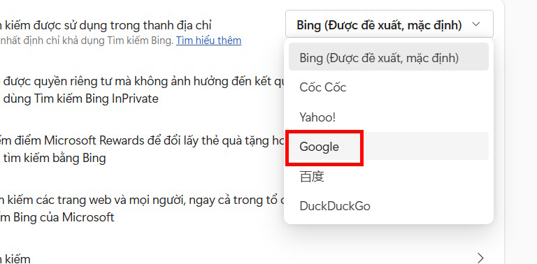 Đặt Chrome làm công cụ tìm kiếm mặc định trên Edge