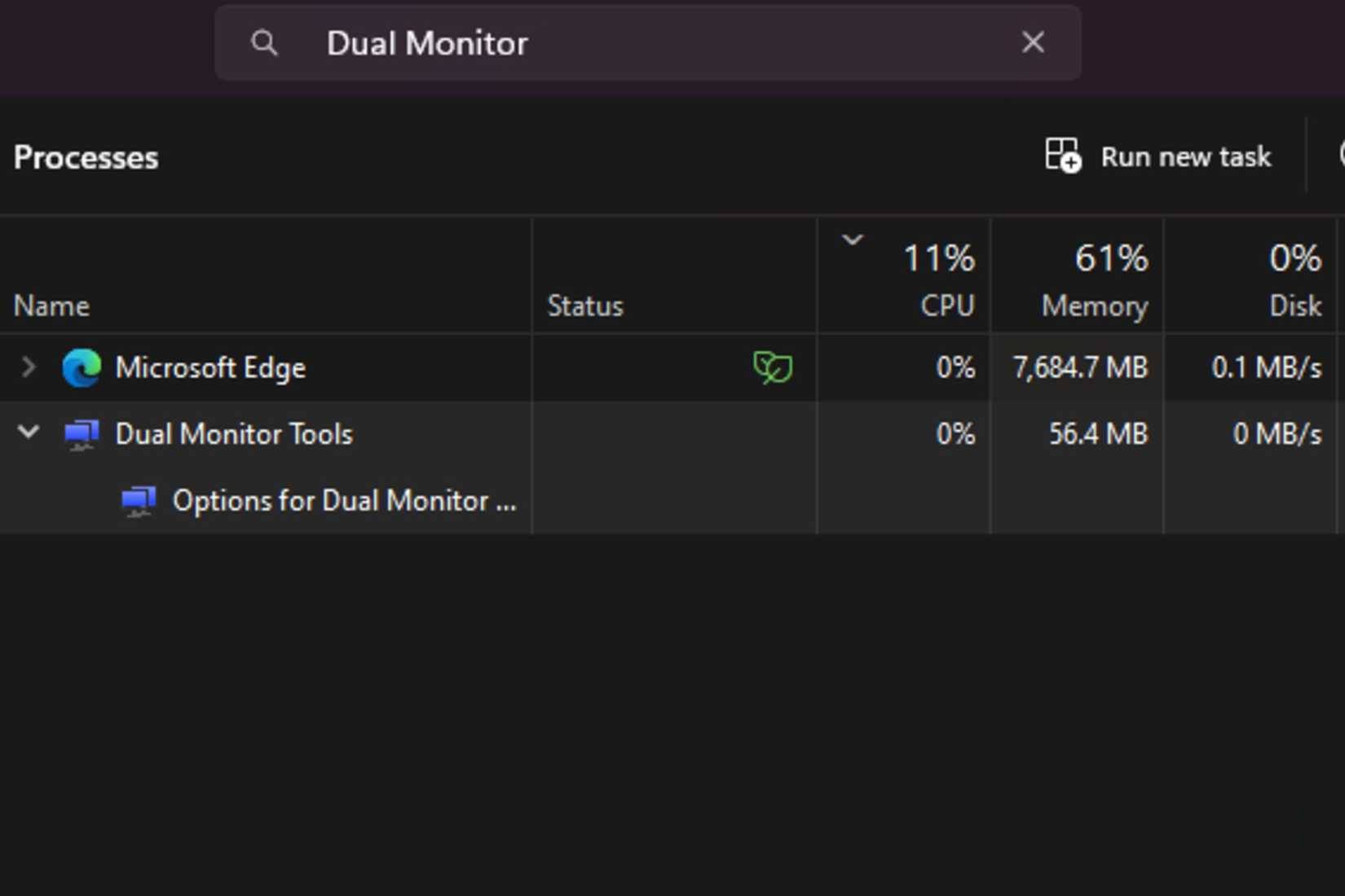 Microsoft Edge và Dual Monitor Tools trong trang Task Manager trên Windows 11