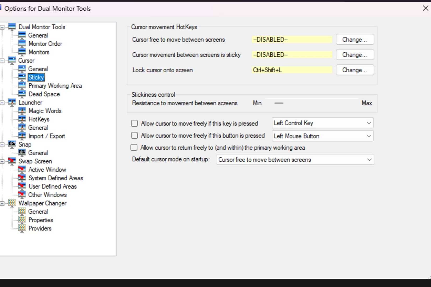 Màn hình hiển thị một số tùy chọn có sẵn trong menu Sticky của Dual Monitor Tools
