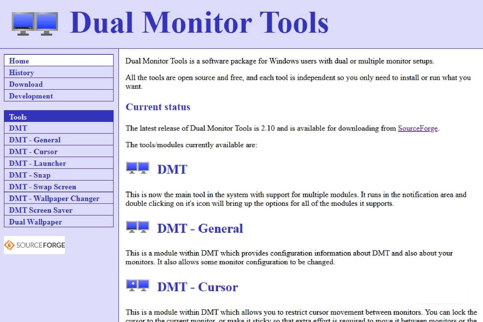 Trang web Dual Monitor Tools, trông lỗi thời một cách đáng ngạc nhiên so với các trang web hiện đại hơn