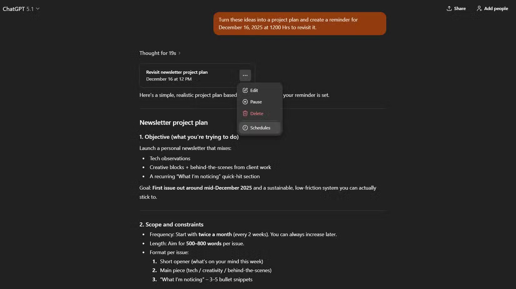 Lên lịch ghi chú thành nhiệm vụ trong ChatGPT