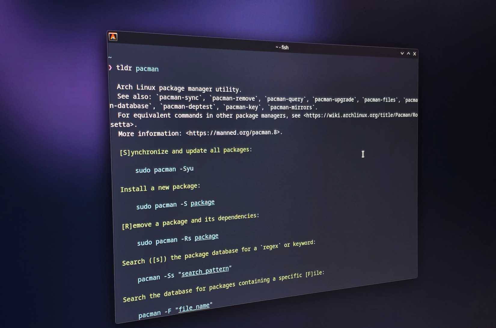 tldr giải thích lệnh pacman trong cửa sổ terminal