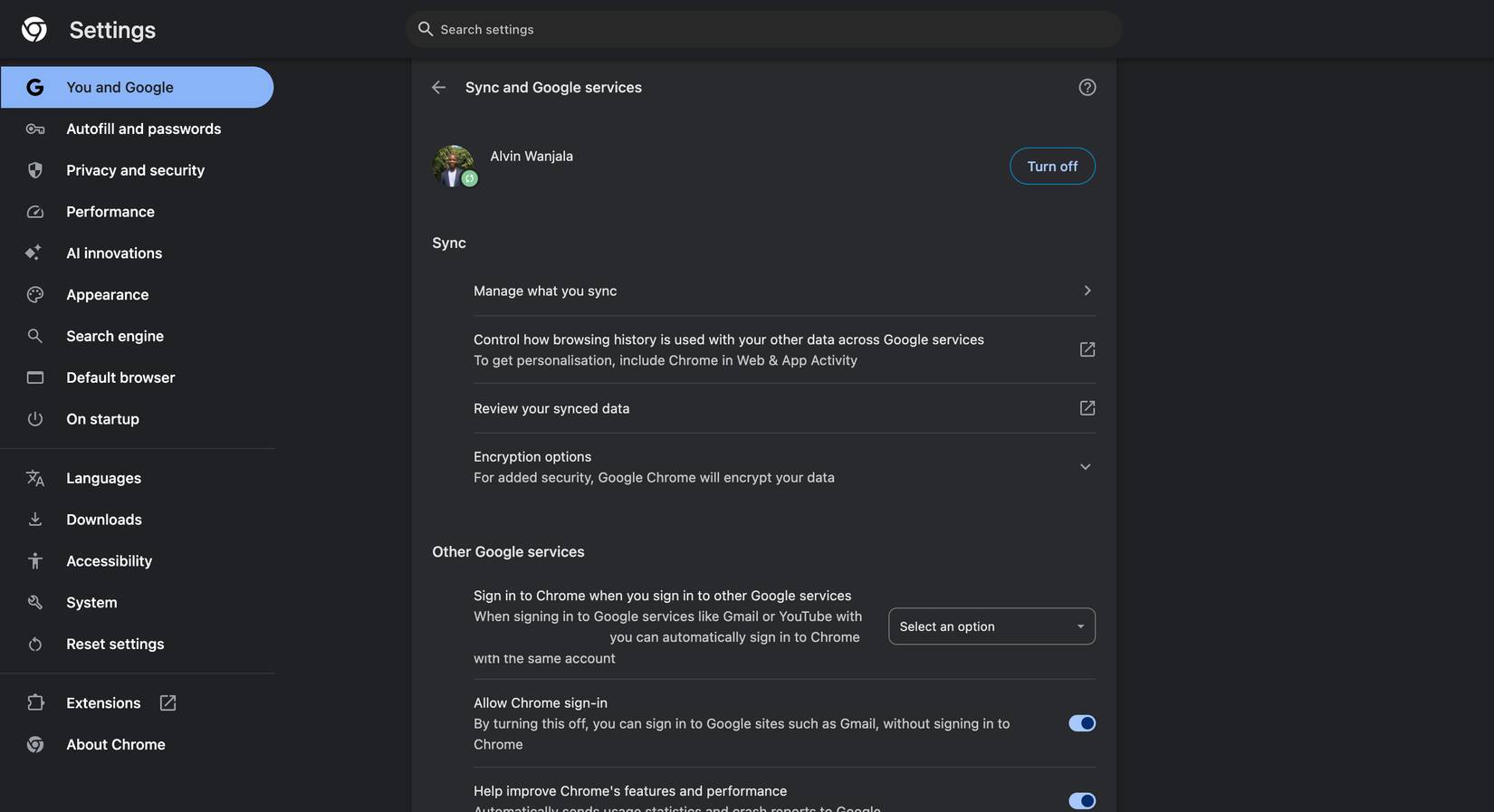 Trang cài đặt đồng bộ của Chrome